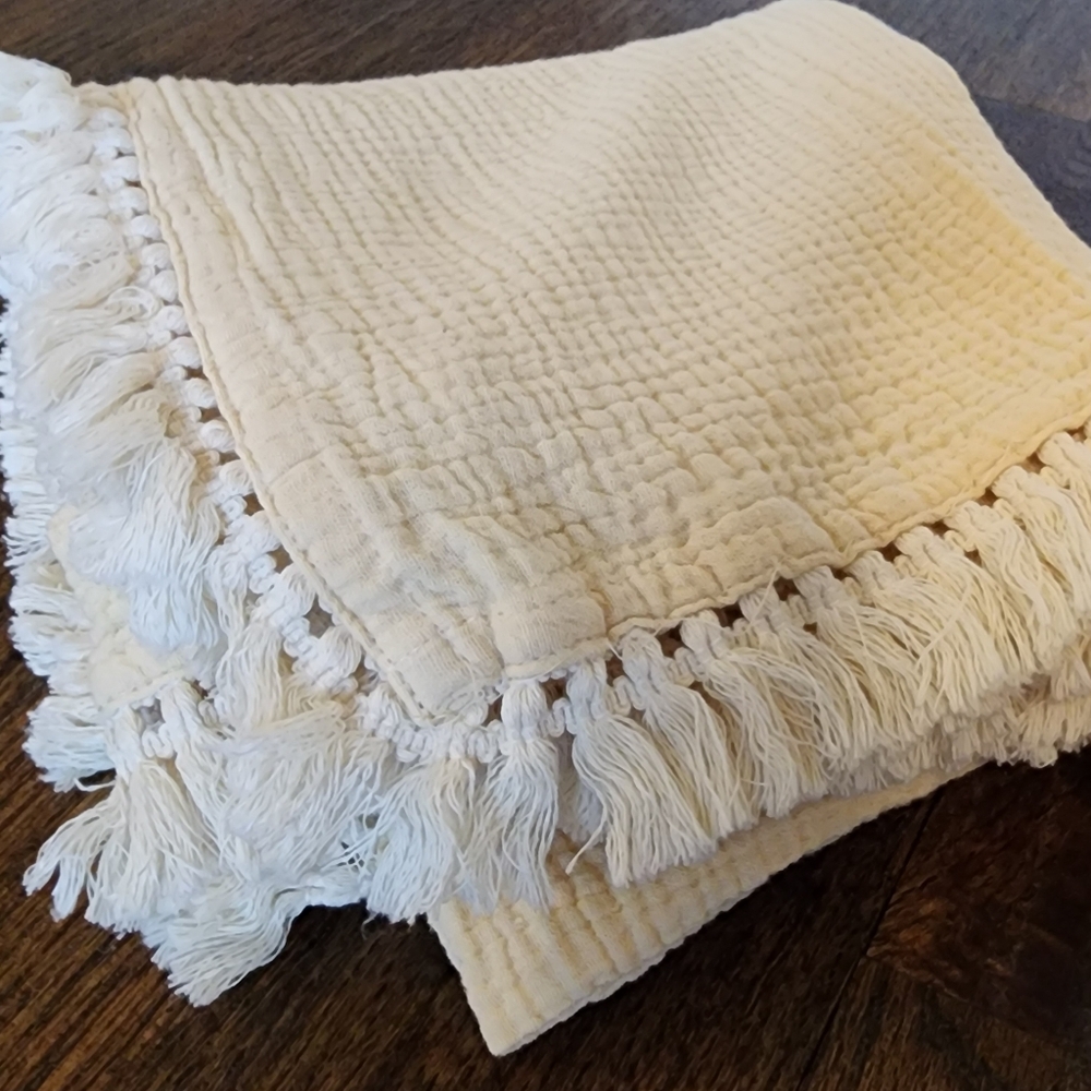 Cream Textured Cotton Throw Baby Toddler Blanket with Fringe